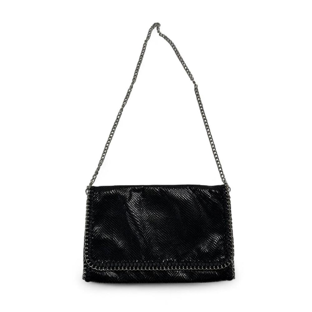 Phase 3 Black textured vintage leather clutch mesh crossbody bag silver chain